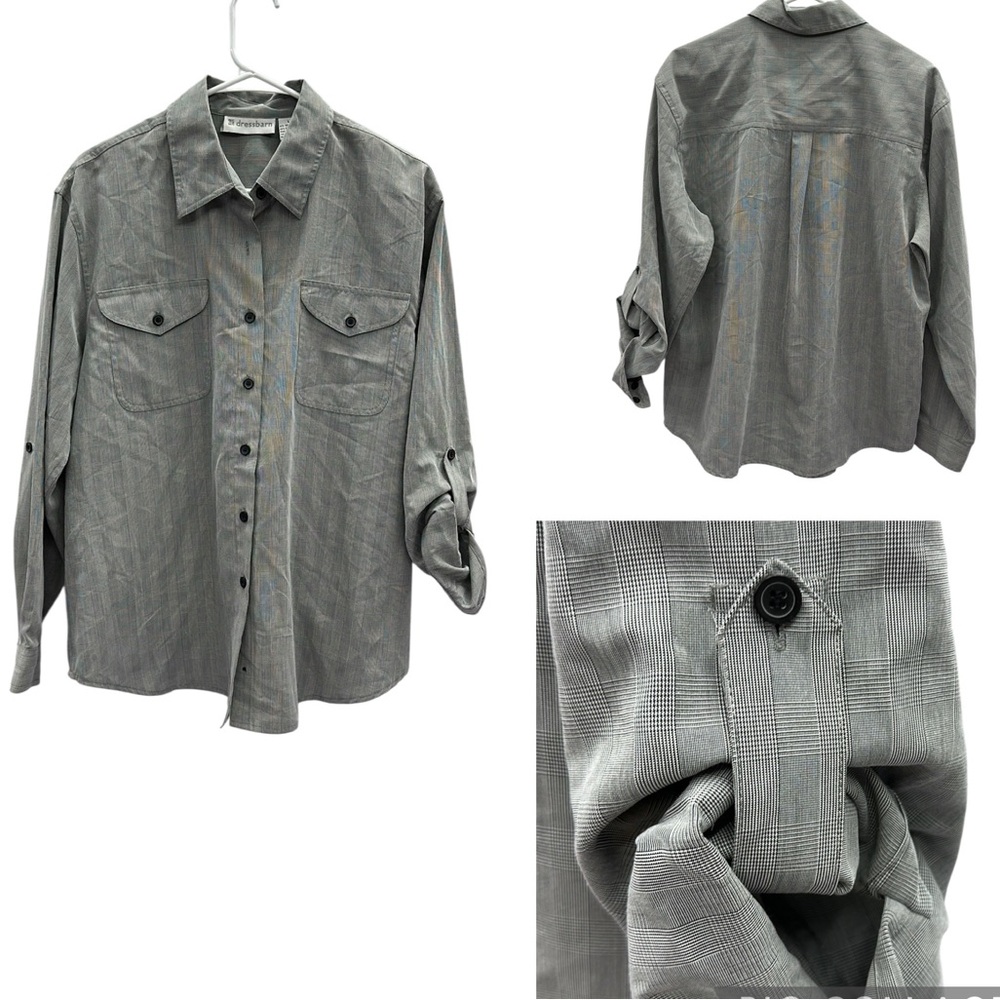 Dressbarn Gray Glen Check Plaid Button Up Double Pocket Shirt Blouse Top Large